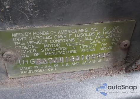 1986 Honda Accord Lxi z USA, uszkodzony, nr VIN 1HGBA7441GA164942